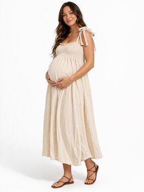 Hello Miz Cream Smocked Maternity Midi Dress Tie Strap Boho Size Medium